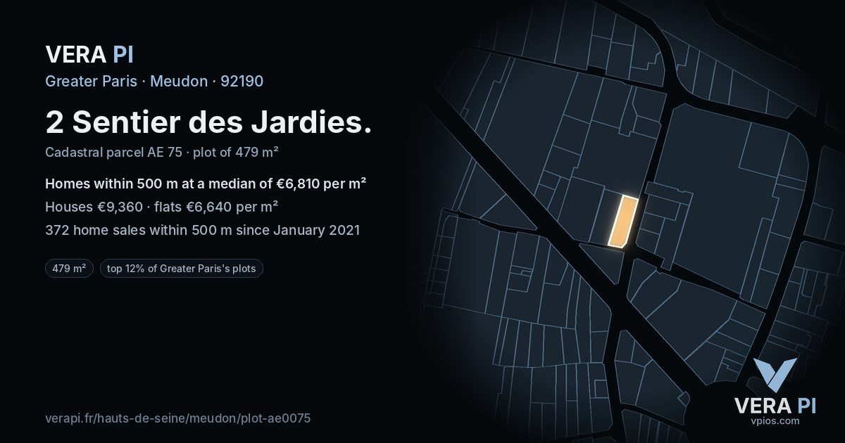 2 Sentier des Jardies, Meudon at night – the plot lit, the parcels around coloured by the prices near them