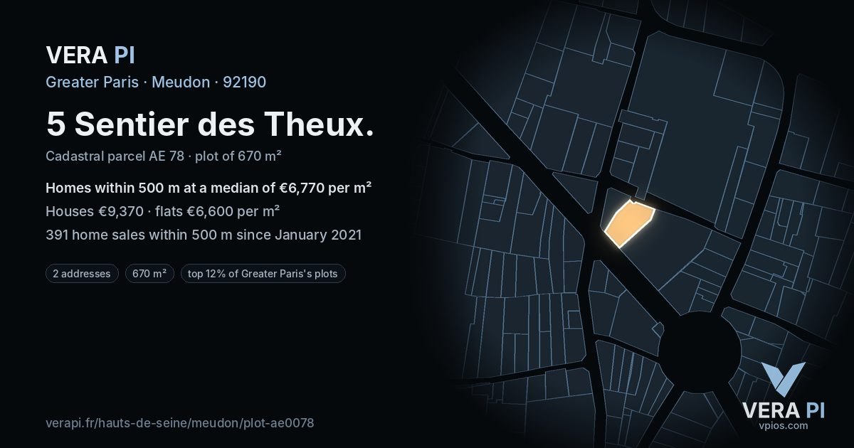 5 Sentier des Theux, Meudon at night – the plot lit, the parcels around coloured by the prices near them