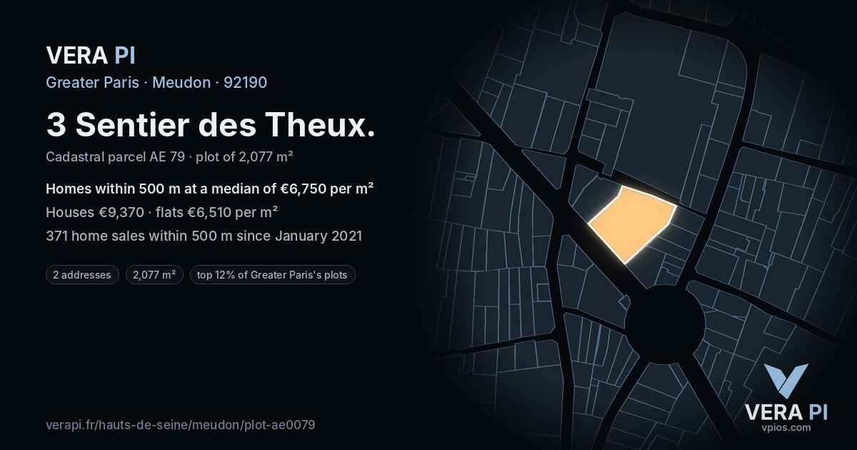 3 Sentier des Theux, Meudon at night – the plot lit, the parcels around coloured by the prices near them