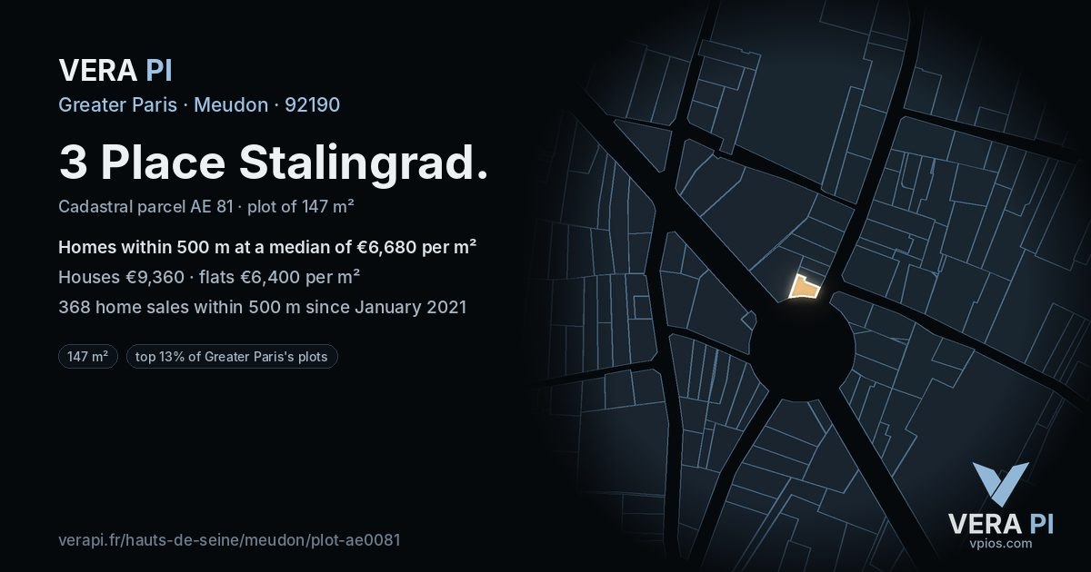 3 Place Stalingrad, Meudon at night – the plot lit, the parcels around coloured by the prices near them