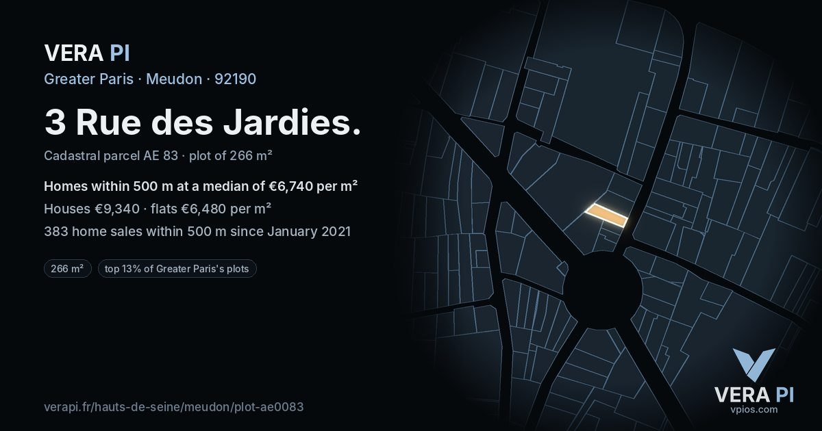 3 Rue des Jardies, Meudon at night – the plot lit, the parcels around coloured by the prices near them