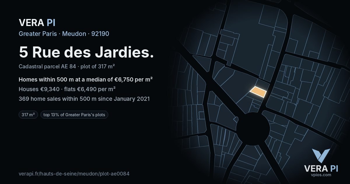 5 Rue des Jardies, Meudon at night – the plot lit, the parcels around coloured by the prices near them