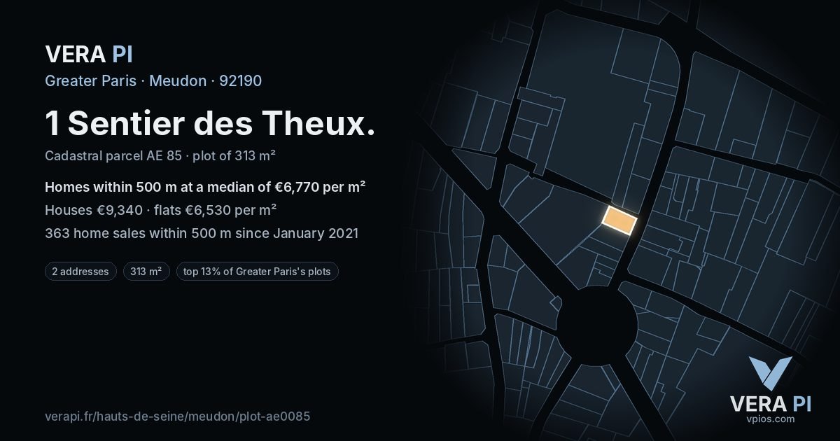 1 Sentier des Theux, Meudon at night – the plot lit, the parcels around coloured by the prices near them