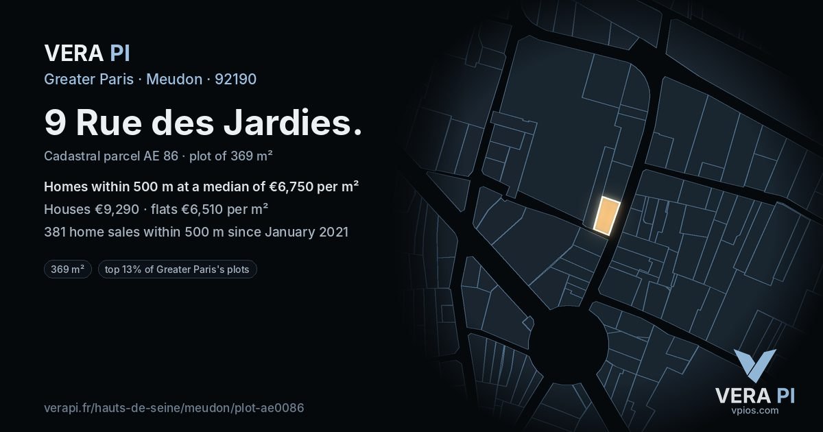 9 Rue des Jardies, Meudon at night – the plot lit, the parcels around coloured by the prices near them