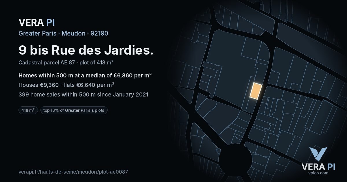 9 bis Rue des Jardies, Meudon at night – the plot lit, the parcels around coloured by the prices near them