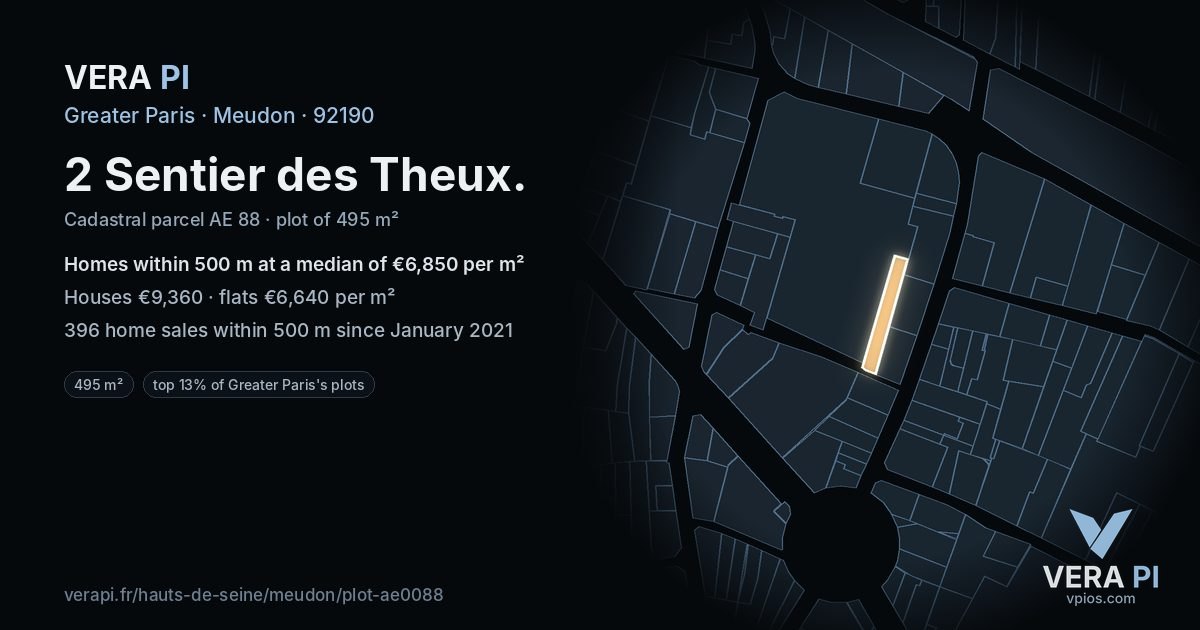 2 Sentier des Theux, Meudon at night – the plot lit, the parcels around coloured by the prices near them