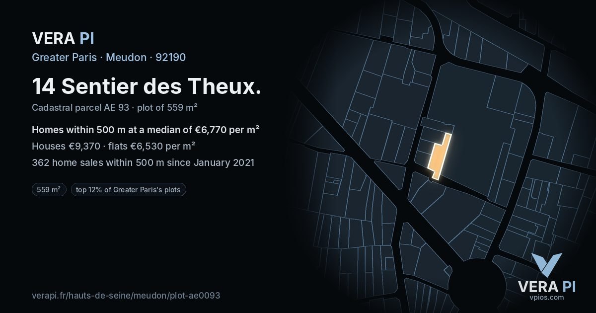 14 Sentier des Theux, Meudon at night – the plot lit, the parcels around coloured by the prices near them