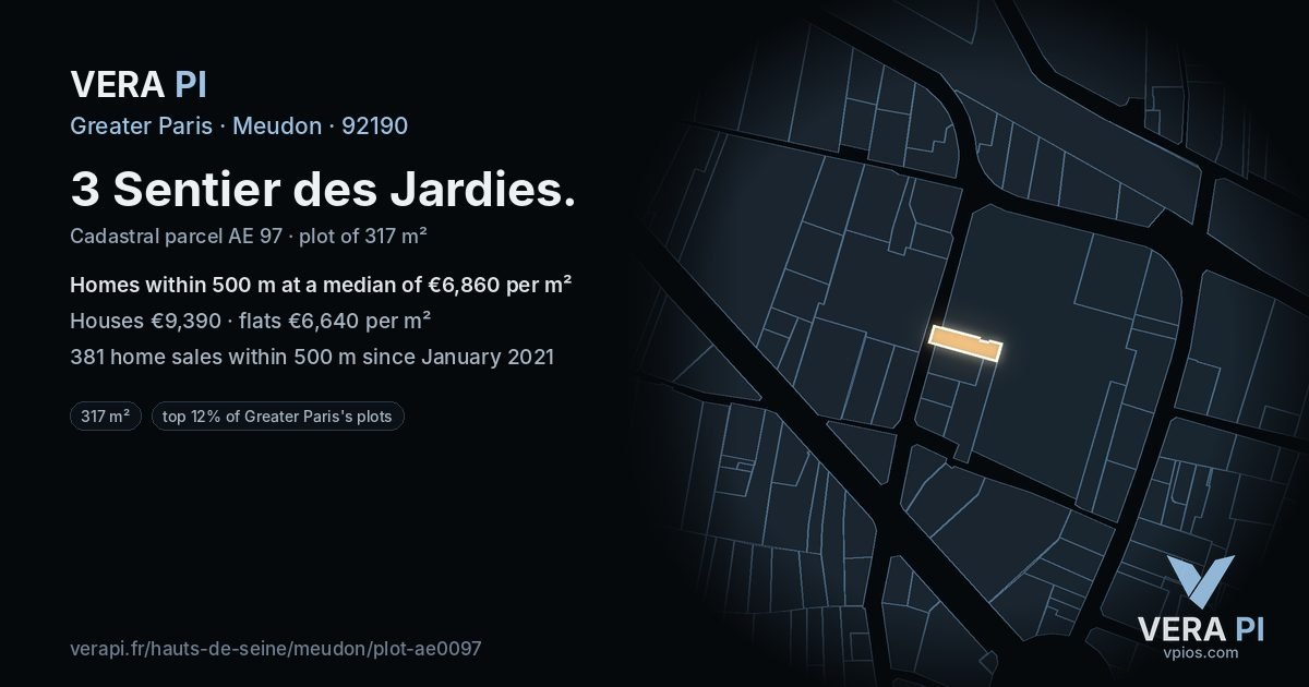 3 Sentier des Jardies, Meudon at night – the plot lit, the parcels around coloured by the prices near them