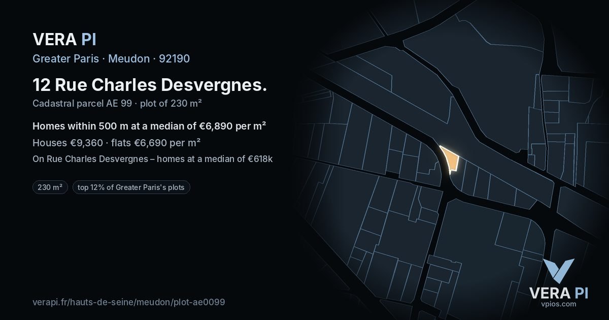 12 Rue Charles Desvergnes, Meudon at night – the plot lit, the parcels around coloured by the prices near them