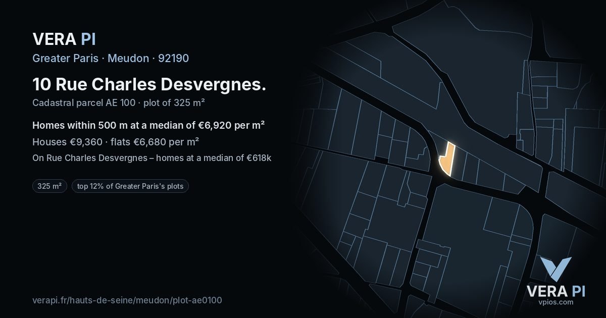 10 Rue Charles Desvergnes, Meudon at night – the plot lit, the parcels around coloured by the prices near them