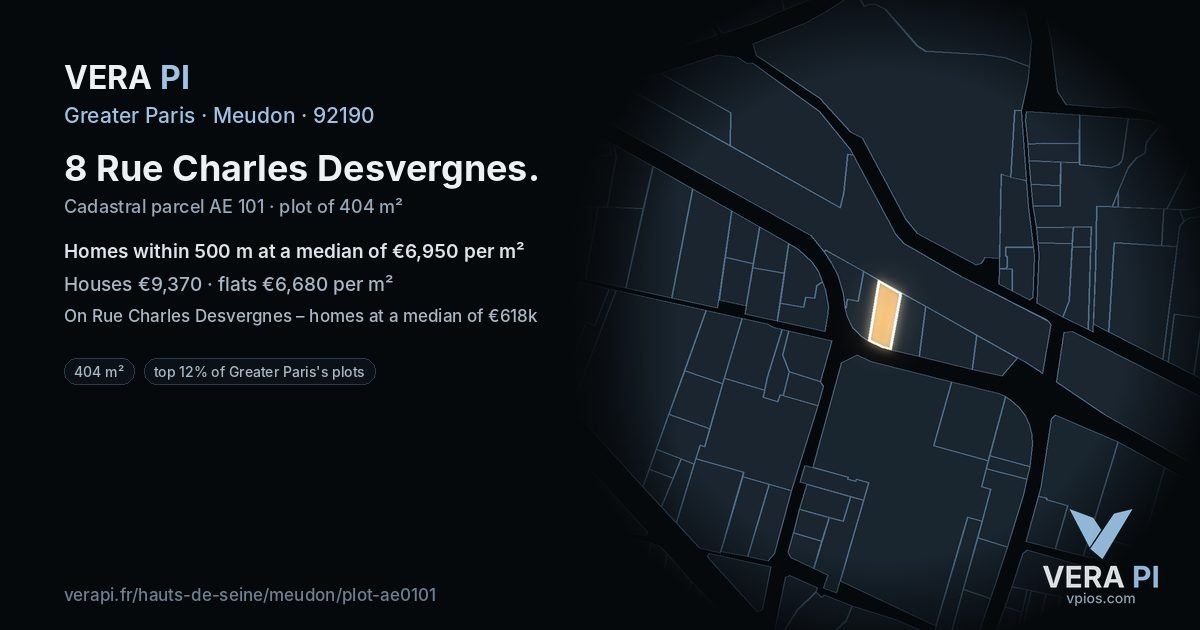 8 Rue Charles Desvergnes, Meudon at night – the plot lit, the parcels around coloured by the prices near them