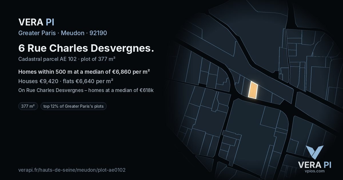 6 Rue Charles Desvergnes, Meudon at night – the plot lit, the parcels around coloured by the prices near them