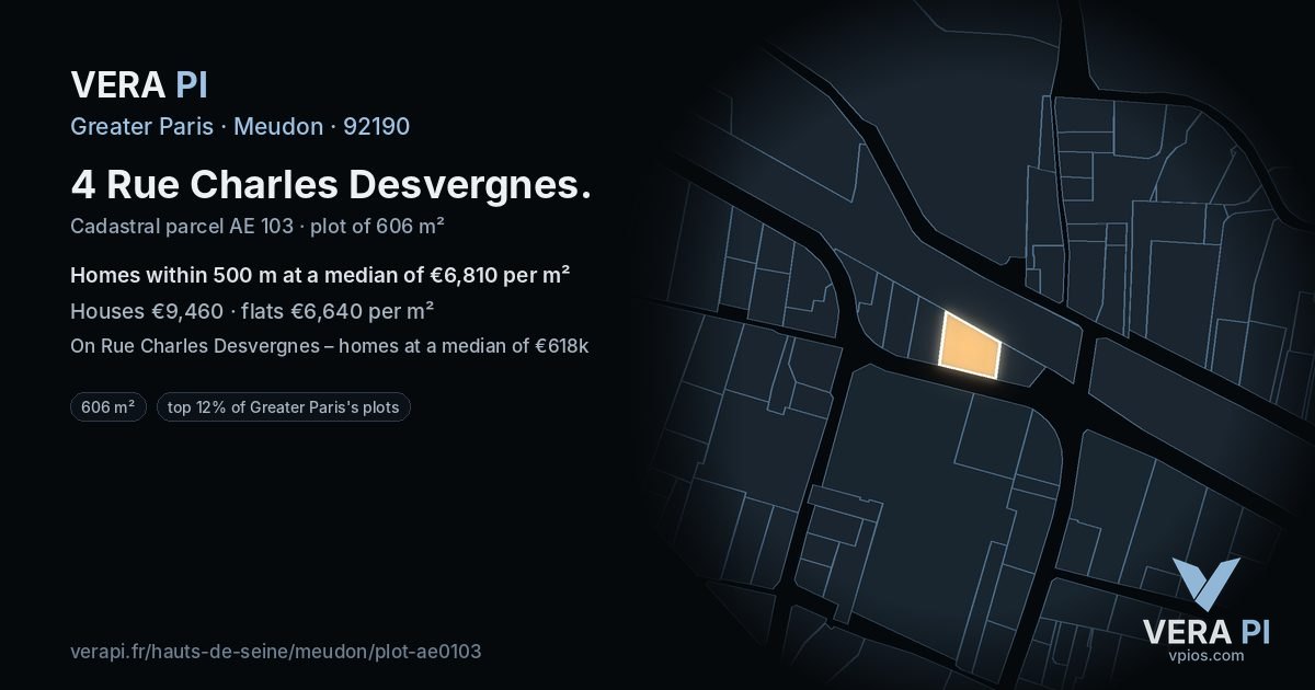 4 Rue Charles Desvergnes, Meudon at night – the plot lit, the parcels around coloured by the prices near them