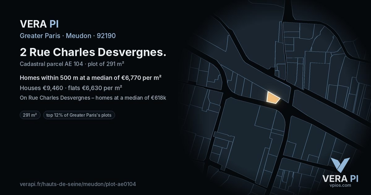 2 Rue Charles Desvergnes, Meudon at night – the plot lit, the parcels around coloured by the prices near them