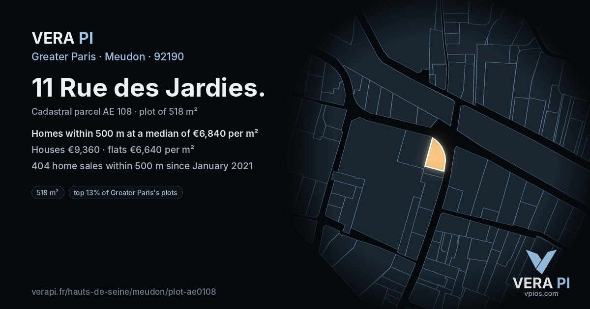 11 Rue des Jardies, Meudon at night – the plot lit, the parcels around coloured by the prices near them