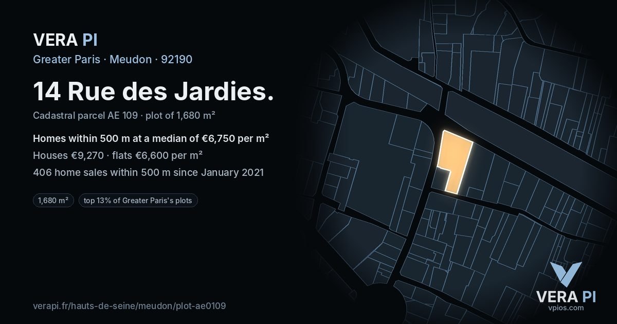 14 Rue des Jardies, Meudon at night – the plot lit, the parcels around coloured by the prices near them