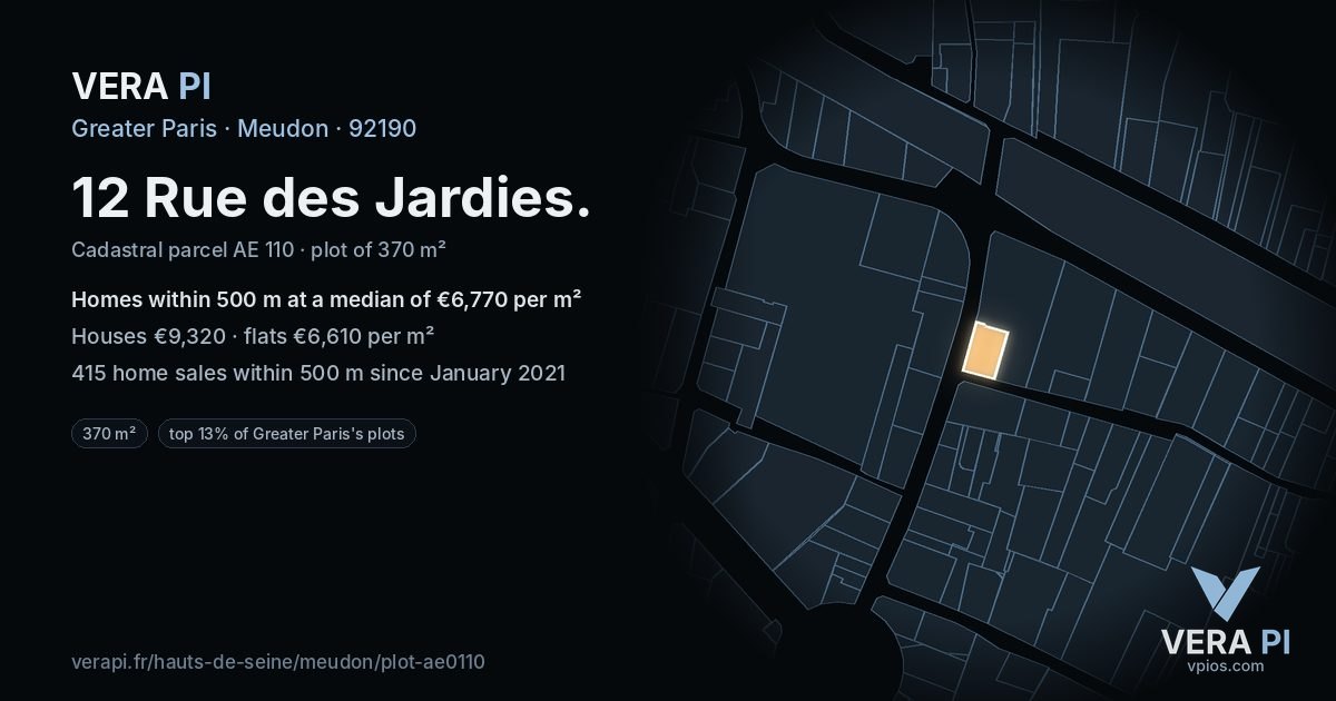 12 Rue des Jardies, Meudon at night – the plot lit, the parcels around coloured by the prices near them