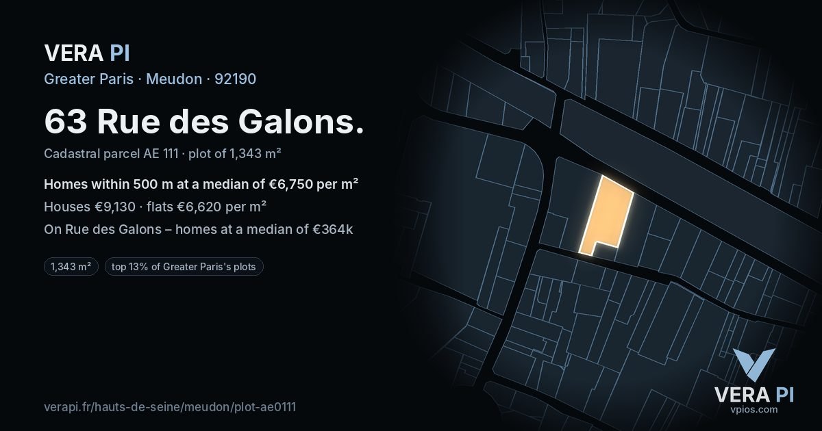 63 Rue des Galons, Meudon at night – the plot lit, the parcels around coloured by the prices near them