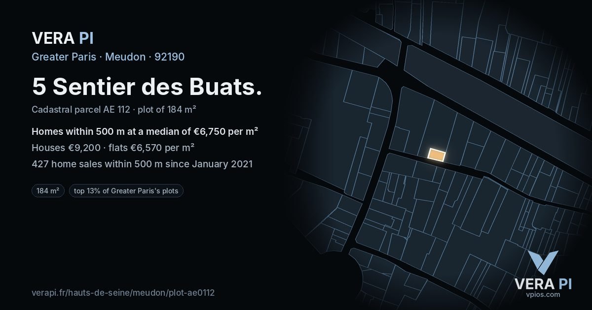 5 Sentier des Buats, Meudon at night – the plot lit, the parcels around coloured by the prices near them