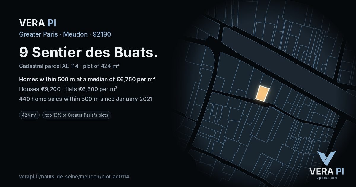 9 Sentier des Buats, Meudon at night – the plot lit, the parcels around coloured by the prices near them