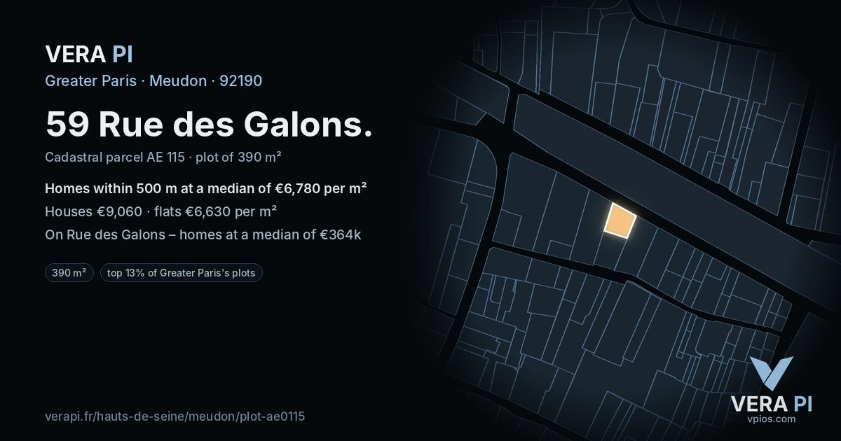59 Rue des Galons, Meudon at night – the plot lit, the parcels around coloured by the prices near them
