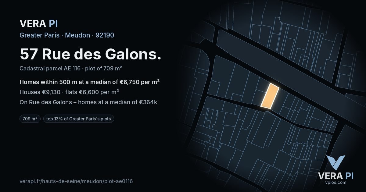 57 Rue des Galons, Meudon at night – the plot lit, the parcels around coloured by the prices near them