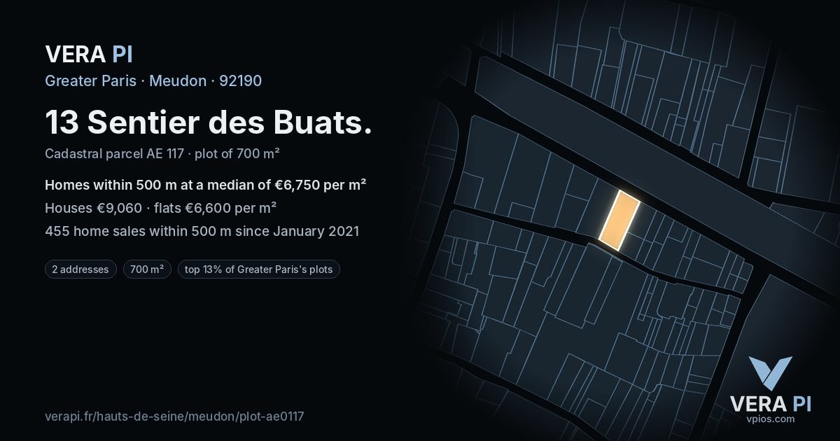 13 Sentier des Buats, Meudon at night – the plot lit, the parcels around coloured by the prices near them