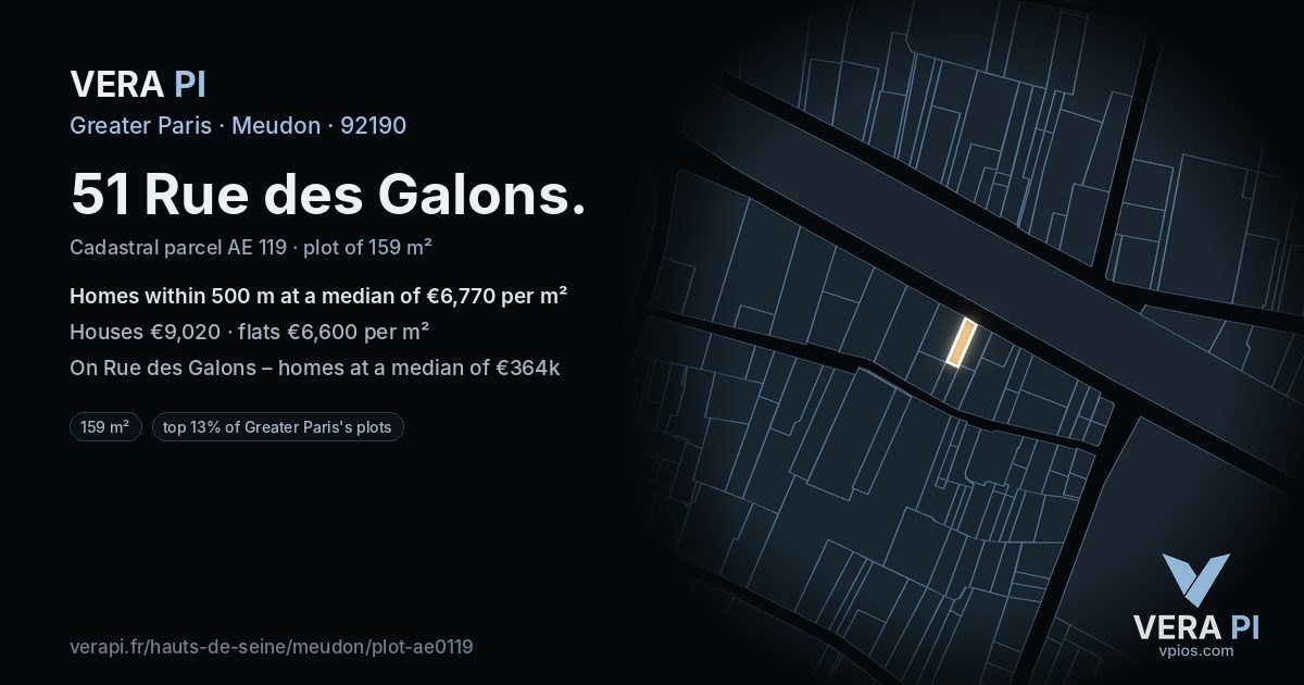 51 Rue des Galons, Meudon at night – the plot lit, the parcels around coloured by the prices near them