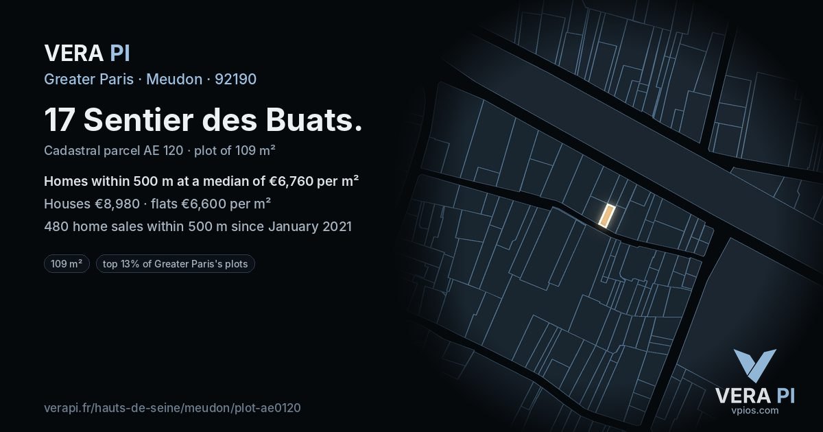 17 Sentier des Buats, Meudon at night – the plot lit, the parcels around coloured by the prices near them
