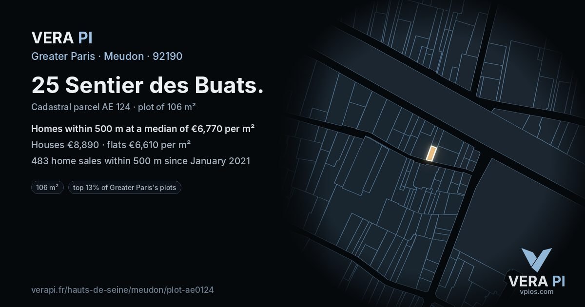 25 Sentier des Buats, Meudon at night – the plot lit, the parcels around coloured by the prices near them