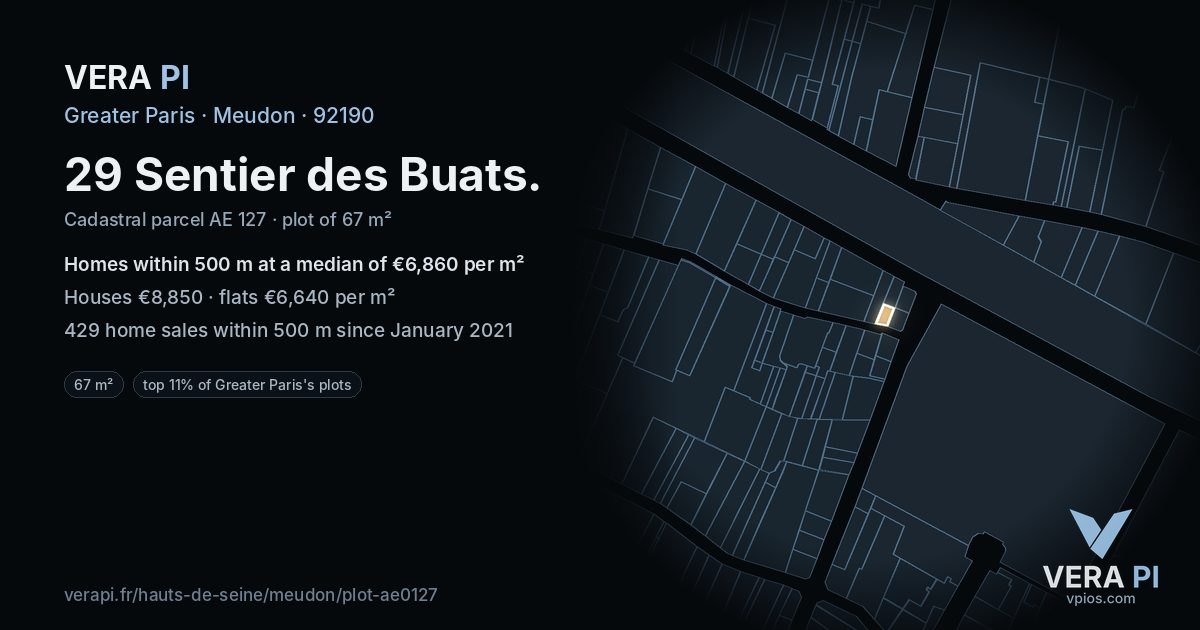 29 Sentier des Buats, Meudon at night – the plot lit, the parcels around coloured by the prices near them