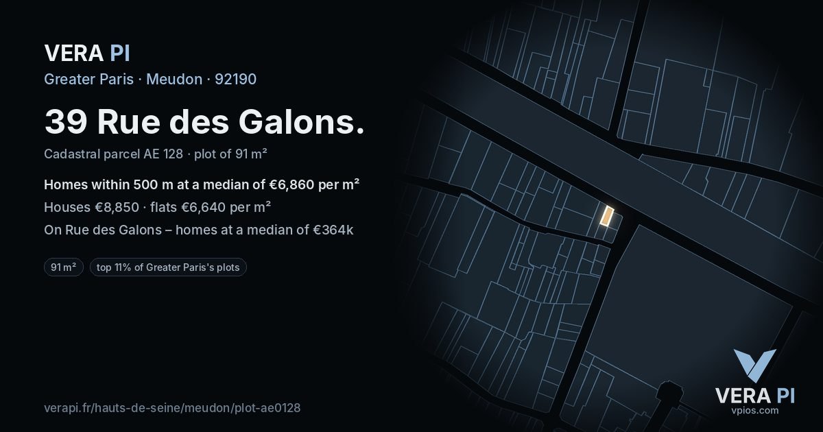 39 Rue des Galons, Meudon at night – the plot lit, the parcels around coloured by the prices near them