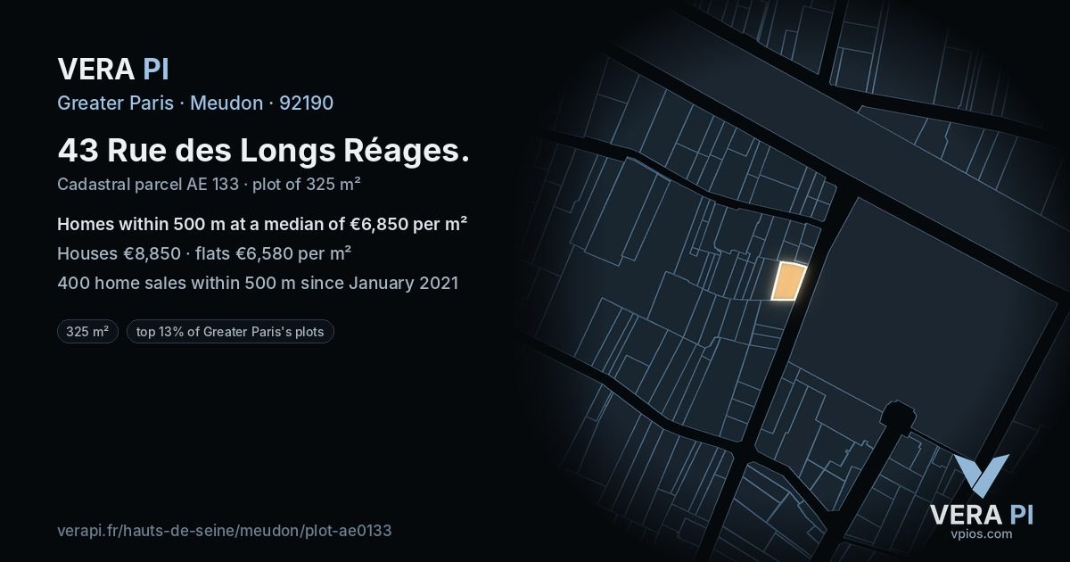 43 Rue des Longs Réages, Meudon at night – the plot lit, the parcels around coloured by the prices near them