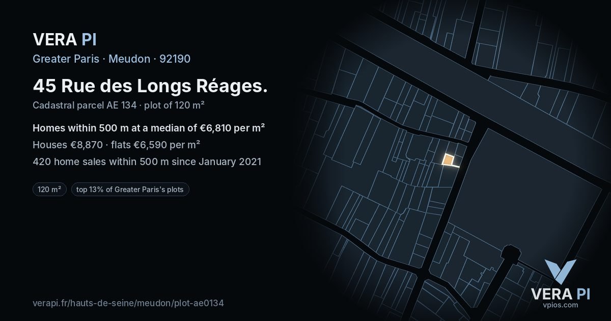 45 Rue des Longs Réages, Meudon at night – the plot lit, the parcels around coloured by the prices near them