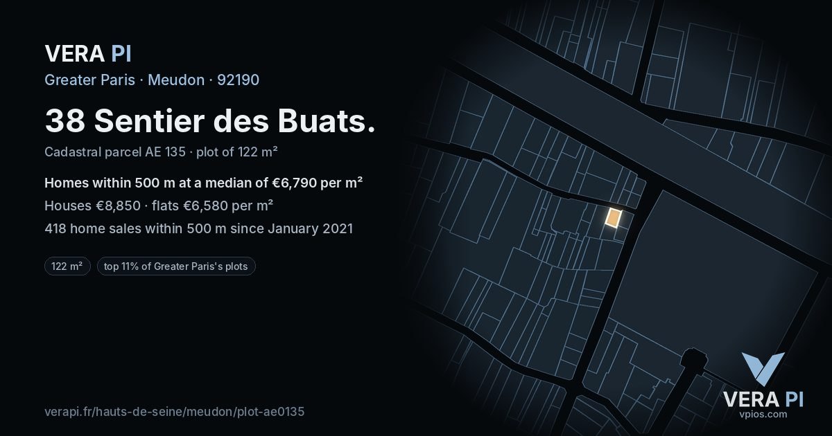 38 Sentier des Buats, Meudon at night – the plot lit, the parcels around coloured by the prices near them