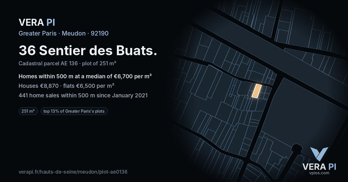 36 Sentier des Buats, Meudon at night – the plot lit, the parcels around coloured by the prices near them