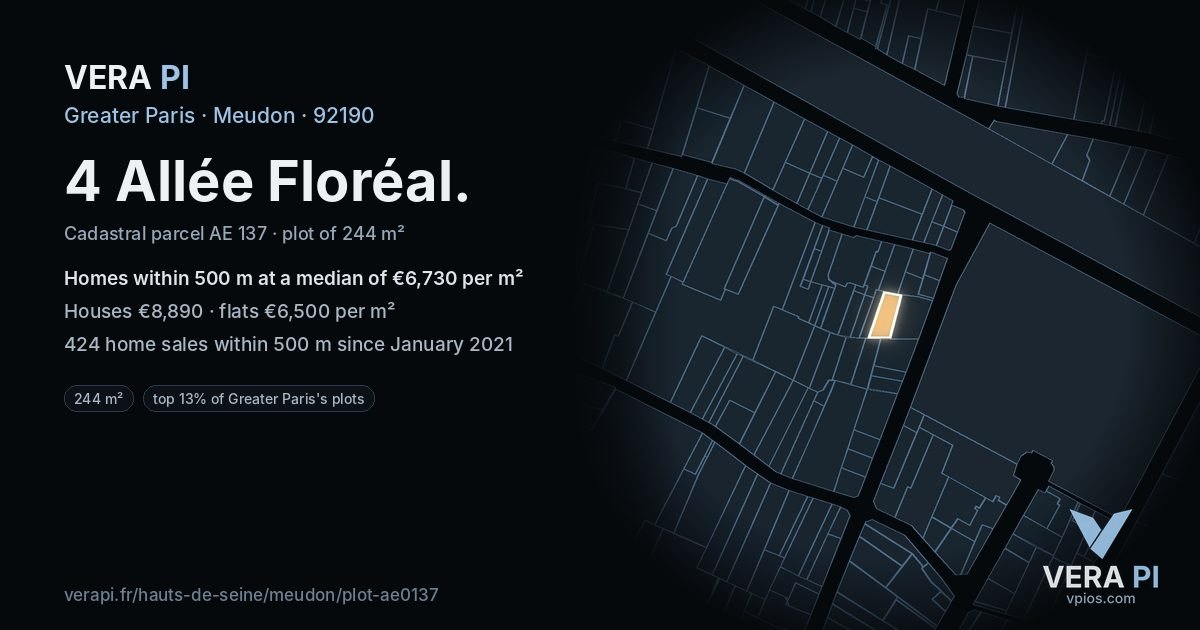 4 Allée Floréal, Meudon at night – the plot lit, the parcels around coloured by the prices near them