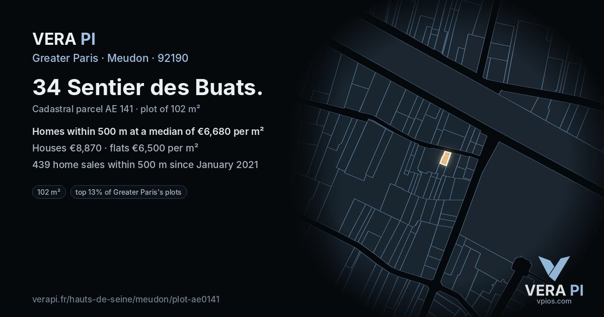 34 Sentier des Buats, Meudon at night – the plot lit, the parcels around coloured by the prices near them