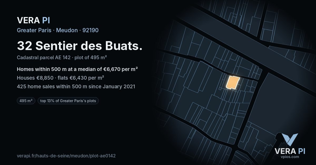 32 Sentier des Buats, Meudon at night – the plot lit, the parcels around coloured by the prices near them