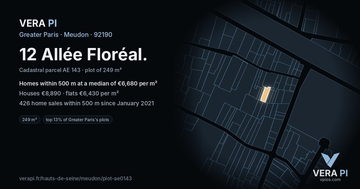 12 Allée Floréal, Meudon at night – the plot lit, the parcels around coloured by the prices near them
