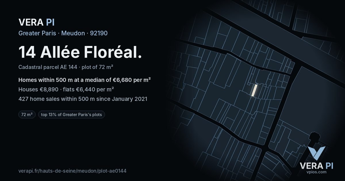 14 Allée Floréal, Meudon at night – the plot lit, the parcels around coloured by the prices near them