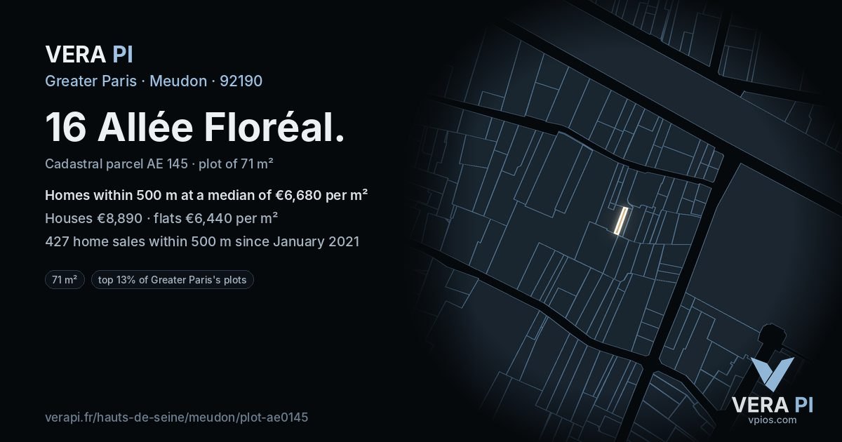 16 Allée Floréal, Meudon at night – the plot lit, the parcels around coloured by the prices near them