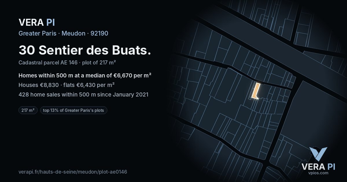 30 Sentier des Buats, Meudon at night – the plot lit, the parcels around coloured by the prices near them