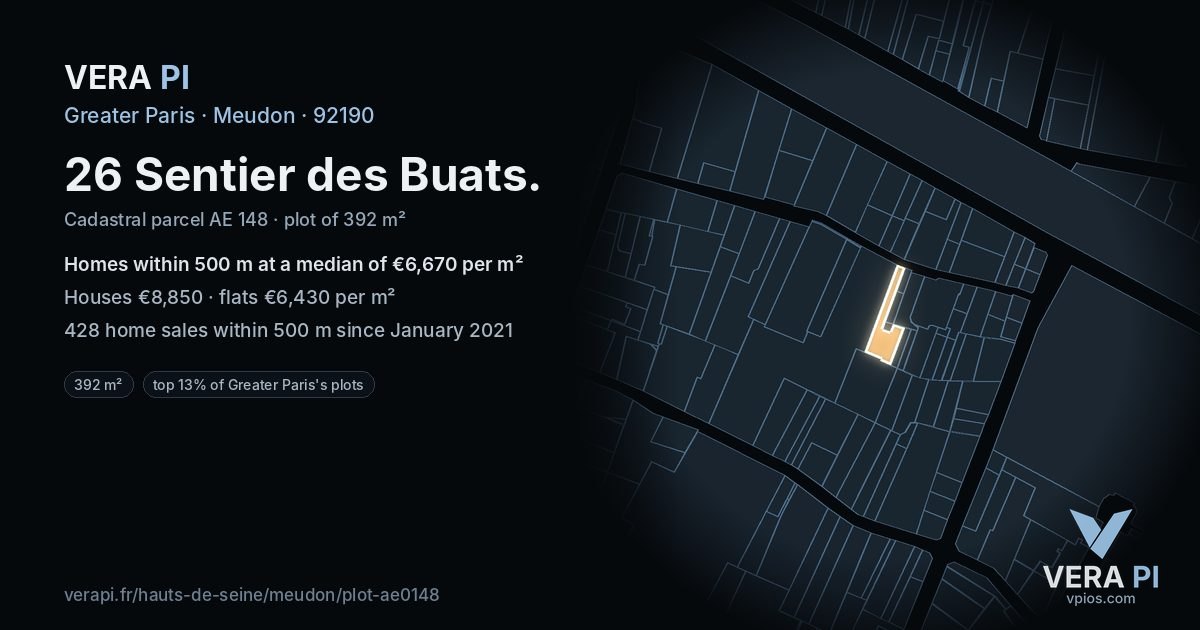 26 Sentier des Buats, Meudon at night – the plot lit, the parcels around coloured by the prices near them