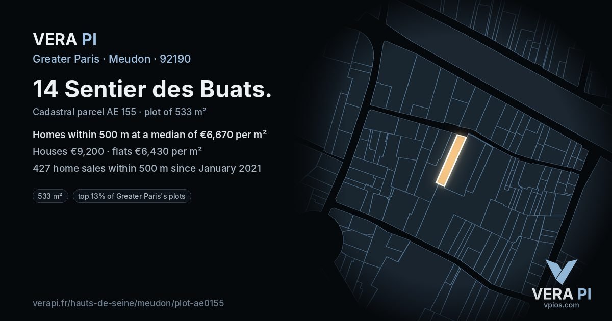 14 Sentier des Buats, Meudon at night – the plot lit, the parcels around coloured by the prices near them