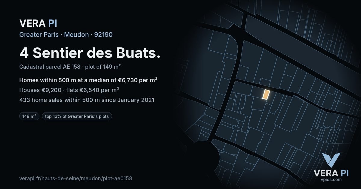 4 Sentier des Buats, Meudon at night – the plot lit, the parcels around coloured by the prices near them