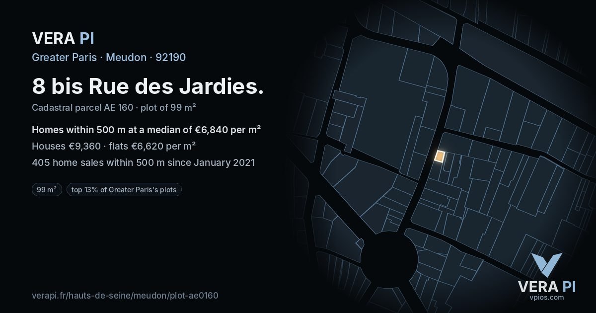 8 bis Rue des Jardies, Meudon at night – the plot lit, the parcels around coloured by the prices near them