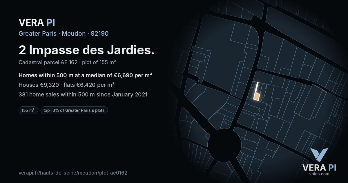 2 Impasse des Jardies, Meudon at night – the plot lit, the parcels around coloured by the prices near them