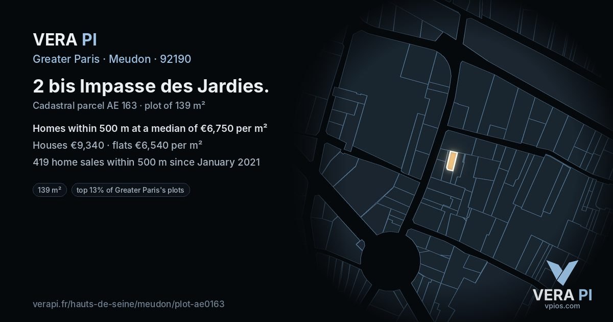 2 bis Impasse des Jardies, Meudon at night – the plot lit, the parcels around coloured by the prices near them
