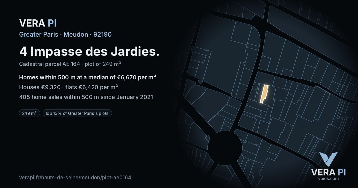4 Impasse des Jardies, Meudon at night – the plot lit, the parcels around coloured by the prices near them